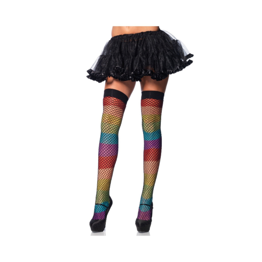 Rainbow Thigh Highs With Fishnet Overlay - One Size
